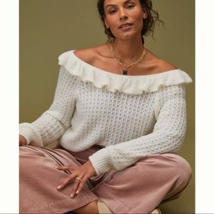White Ruffled Boat Neck Sweater
